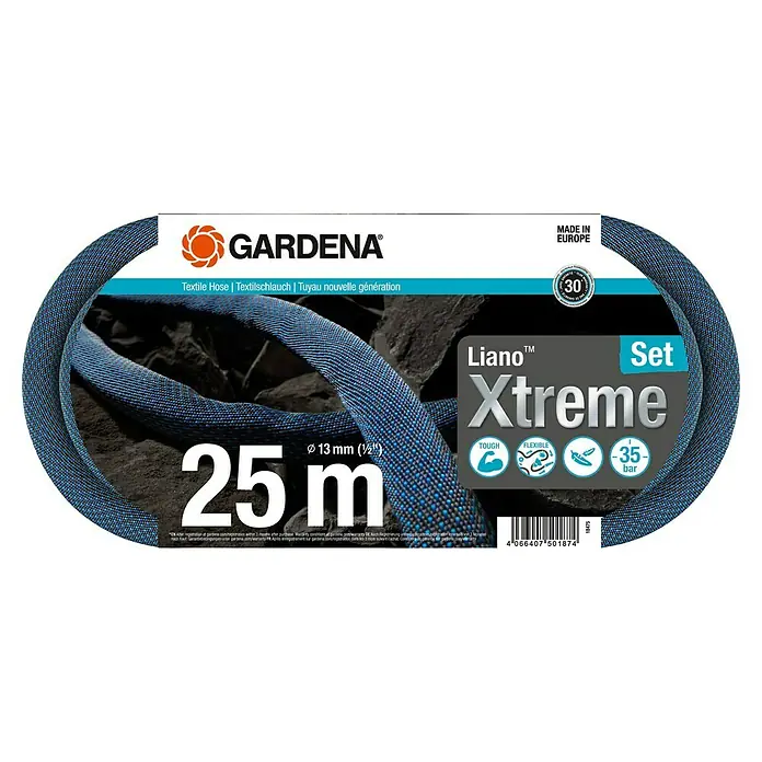 Gardena Gartenschlauch Liano Xtreme Set - 25 m, Schlauchdurchmesser: 13 mm - Abbildung des GARDENA Liano™ Xtreme Textilschlauchs Set, robust, flexibel, druckfest bis 35 bar und 25 m lang.
