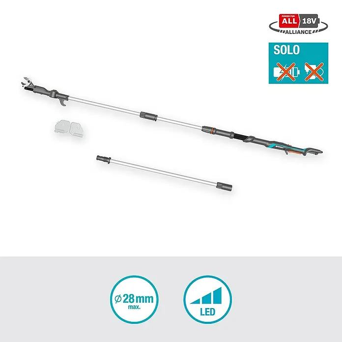 Gardena Power for All 18V Baumschere HighCut - 18 V, Ohne Akku, Max. Aststärke: 28 mm, Länge: 360 cm - Abgebildet ist die Gardena Akku-Teleskop-Astschere TCS 20/18V P4A Solo. Ideal für das einfache Schneiden von Ästen in großer Höhe.
