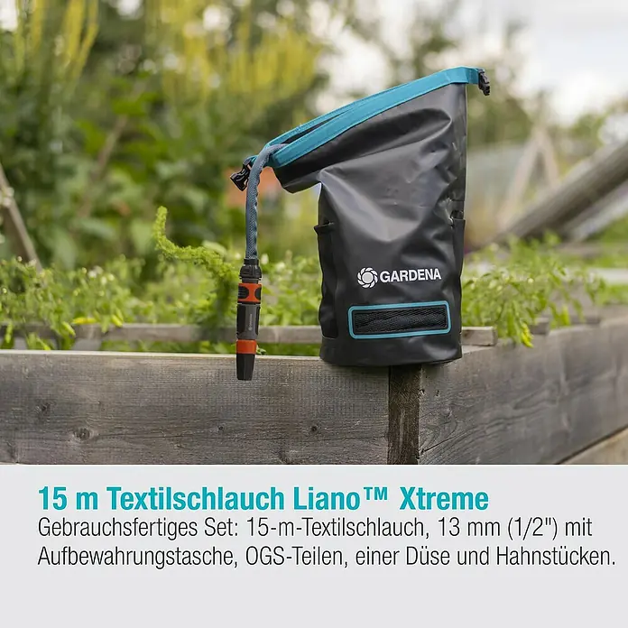 Gardena Gartenschlauch Liano Xtreme Set mit Aufbewahrungstasche - 15 m, Schlauchdurchmesser: 13 mm - Das Gardena Liano™ Xtreme Textilschlauch-Set (15 m) mit Aufbewahrungstasche, Düse und Hahnstücken für eine komfortable Gartenbewässerung.
