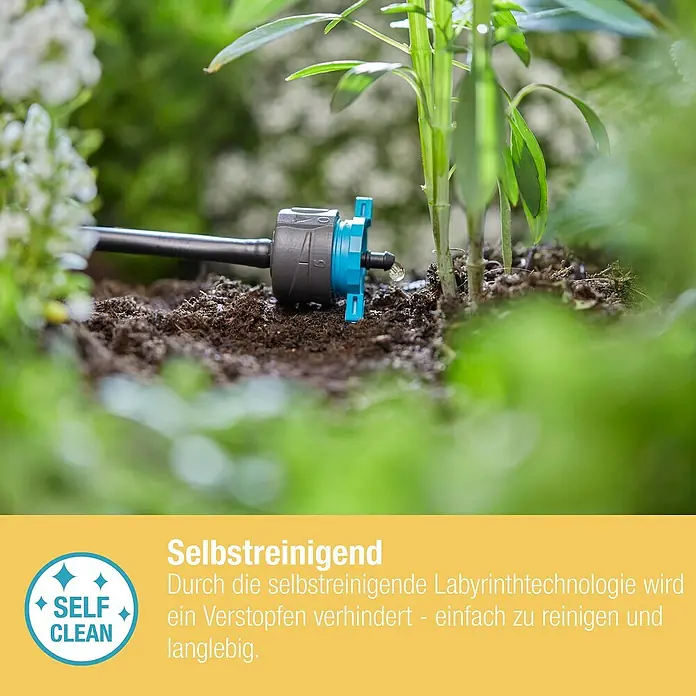Gardena Micro-Drip Endtropfer druckregulierend - 5 Stk., Max. Wasserdurchfluss: 8 l/h - Nahaufnahme eines selbstreinigenden Bewässerungssystems für Pflanzen, das Verstopfungen verhindert und eine lange Lebensdauer gewährleistet.