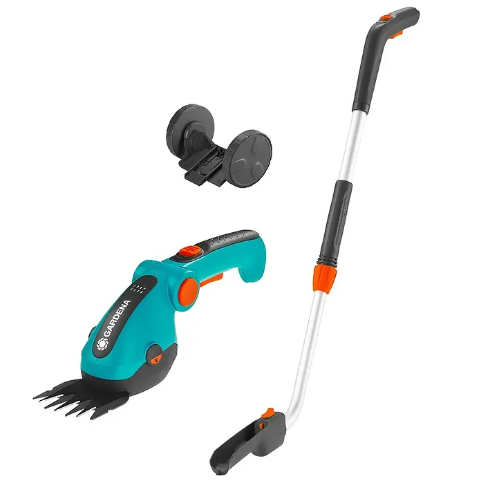 Gardena ComfortCut Akku-Grasschere Li Set - 3,6 V, 1 Akku, Schwertbreite: 8 cm - Gardena Akku-Strauchschere Set: ein praktisches Set für präzise Gartenarbeit, bestehend aus Schere, Teleskopstiel und Rädern für komfortables Trimmen.
