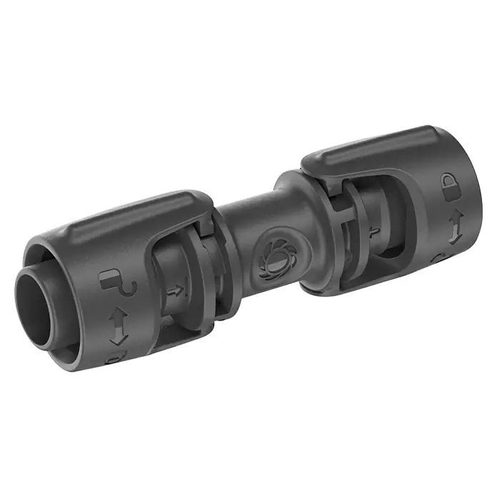 Gardena Micro-Drip Verbinder - Passend für: Gardena Verlegerohre, 1/2" x 13 mm, 3 Stk. - Nahaufnahme eines grauen Schlauchverbinders mit Verriegelungsmechanismus und Richtungspfeilen für eine einfache Installation.