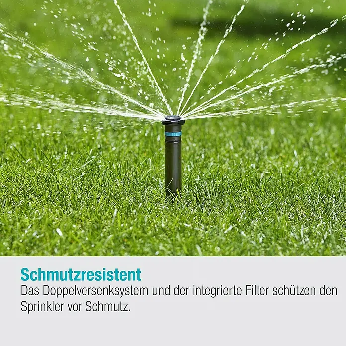 Gardena Sprinklersystem Turbinenversenkregner MD40 - Max. Regnerfläche: 40 m², Rasenbewässerung - Bild einer Rasensprengers im Betrieb. Schmutzresistent dank Doppelfiltersystem, für zuverlässige Bewässerung.