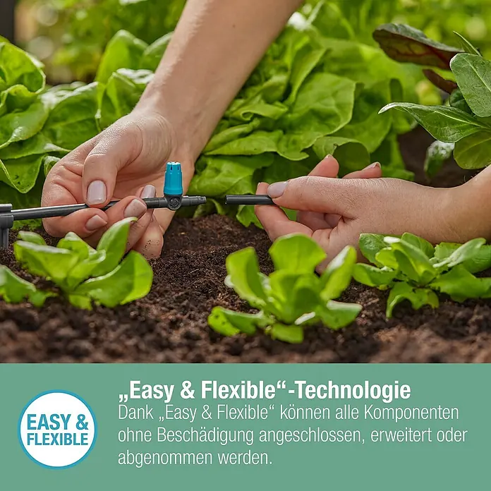 Gardena Micro-Drip Kleinflächendüse - 3/16" x 4,6 mm, 10 Stk. - Eine Person verbindet ein Bewässerungssystem für den Garten. Das System ist einfach zu installieren und flexibel erweiterbar.