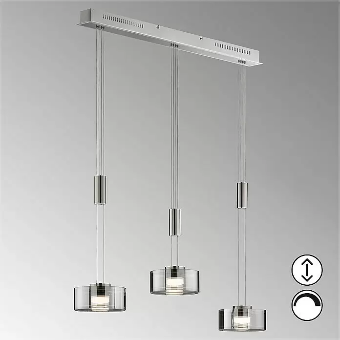 Fischer & Honsel LED-Pendelleuchte Lavin - 27 W, L x B x H: 100 x 20 x 160 cm, Rauchfarben, Nickel/Chrom, Warmweiß, 3 Stk. - Höhenverstellbare, dimmbare lineare Pendelleuchte mit drei Leuchten, aus silbernem Metall und klaren Glasschirmen.