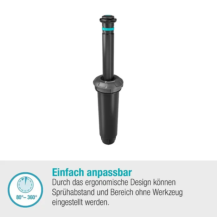 Gardena Sprinklersystem Turbinenversenkregner MD 80 - Max. Regnerfläche: 80 m², Rasenbewässerung - Das Bild zeigt einen GARDENA Versenkregner, der einfach anpassbar ist. Er ermöglicht eine werkzeuglose Einstellung von Sprühabstand und Bereich.