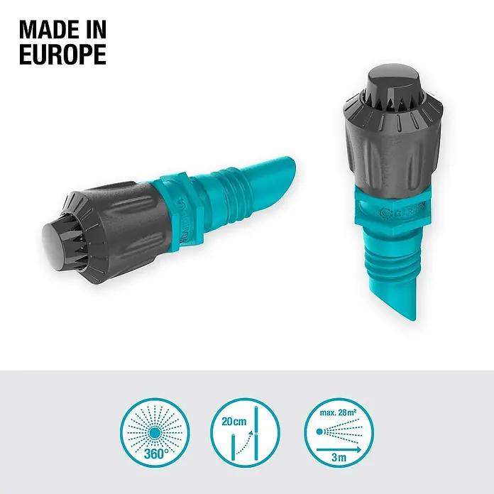 Gardena Micro-Drip Sprühdüse 360° - 5 Stk., 360 ° - Ein Bewässerungsdüse von Gardena, die eine 360°-Bewässerung bietet und bis zu 28 m² Fläche abdeckt. Ideal für die Gartenbewässerung.