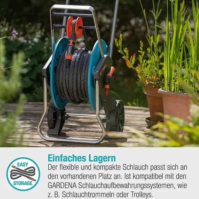 Gardena Gartenschlauch Liano Life Set - 25 m, Schlauchdurchmesser: 13 mm - Gartenschlauchwagen mit aufgerolltem Schlauch und praktischer Aufbewahrungslösung für den Garten.