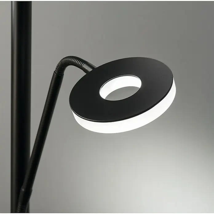 Fischer & Honsel Dent LED-Stehleuchte - 45 W, Höhe: 180 cm, Schwarz, Mehrfarbig, 2 Stk. - Nahaufnahme einer modernen, schwarzen LED-Stehlampe mit ringförmigem Leuchtkopf vor einem neutralen Hintergrund.