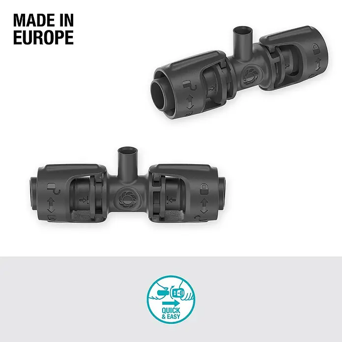 Gardena Micro-Drip T-Stück für Sprühdüsen - 1/2" x 13 mm, 5 Stk. - Produktabbildung eines schwarzen T-Stück-Verbinders für Bewässerungssysteme, mit "Quick & Easy"-Hinweis.
