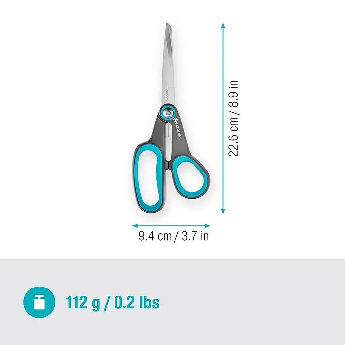 Gardena Universalschere MultiCut - Länge: 22,6 cm - Bild einer GARDENA-Universalschere mit Maßangaben zu Größe und Gewicht.