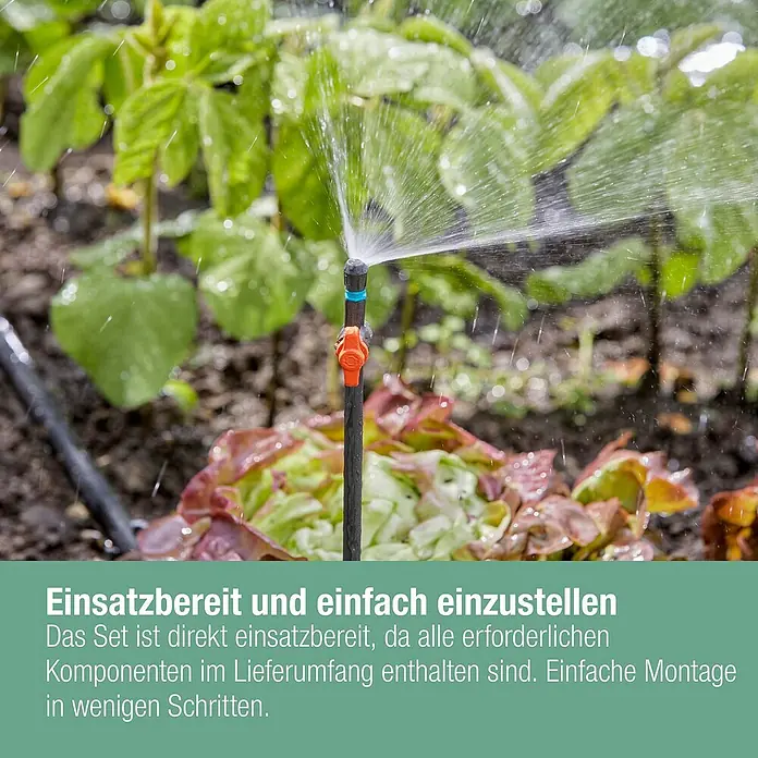 Gardena Micro-Drip Bewässerungs-Set Gemüse-/Blumenbeet Start-Set - Passend für: Gemüse- & Blumenbeete bis 40 m² - Bild einer Sprinkleranlage im Einsatz, die Pflanzen bewässert.