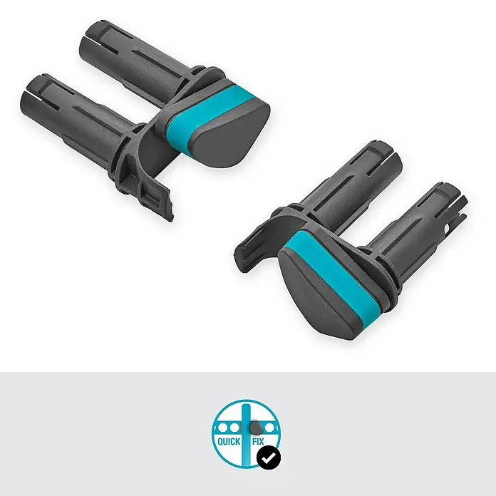 Gardena Besenstielhalter Flex - 2 Stk. - Zwei graue Quick Fix-Verbinder mit türkisfarbenen Akzenten, ideal für schnelle und einfache Installationen.