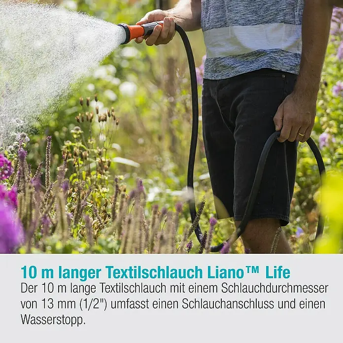 Gardena Gartenschlauch Liano Life - 10 m, Schlauchdurchmesser: 13 mm - Der 10 m lange Textilschlauch Liano™ Life mit Schlauchanschluss und Wasserstopp für die Gartenbewässerung. Ideal für Blumen und Pflanzen.