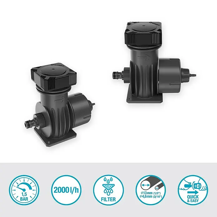 Gardena Micro-Drip Basisgerät 2000 - 1 Stk., Max. Wasserdurchfluss: 2.000 l/h - Das Bild zeigt eine Gardena Micro-Drip-System Basisgerät 2000, eine zuverlässige Bewässerungslösung für Gärten und Pflanzen.