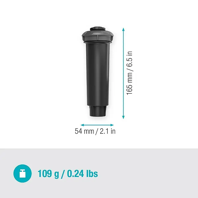 Gardena Sprinklersystem Turbinenversenkregner MD 80 - Max. Regnerfläche: 80 m², Rasenbewässerung - Abbildung eines Regnerkopfes mit den Maßen 165 mm Höhe, 54 mm Durchmesser und einem Gewicht von 109 g.