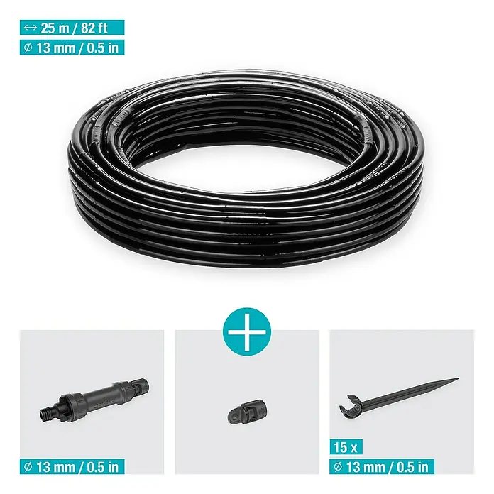 Gardena Micro-Drip Bewässerungs-Set Hecken & Sträucher 25 m Start-Set - Geeignet für: Reihenbewässerung, Pflanzreihen bis 25 m, Schlauchlänge: 25 m - Schwarzer Bewässerungsschlauch, 25 m lang, mit diversen Anschlussstücken, ideal für die Gartenbewässerung.