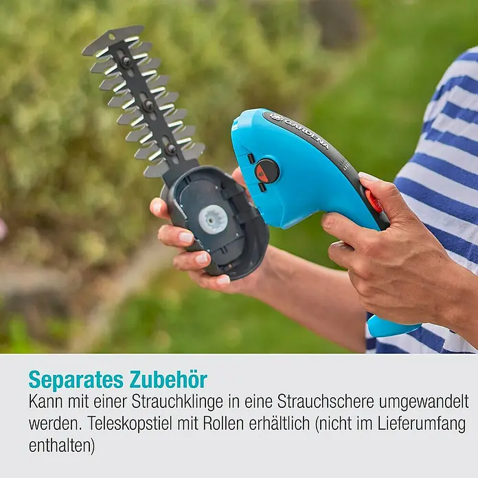 Gardena ClassicCut Akku-Grasschere Li - 3,6 V, 1 Akku, Schwertbreite: 8 cm - Nahaufnahme einer GARDENA Akku-Strauchschere mit auswechselbarem Aufsatz.