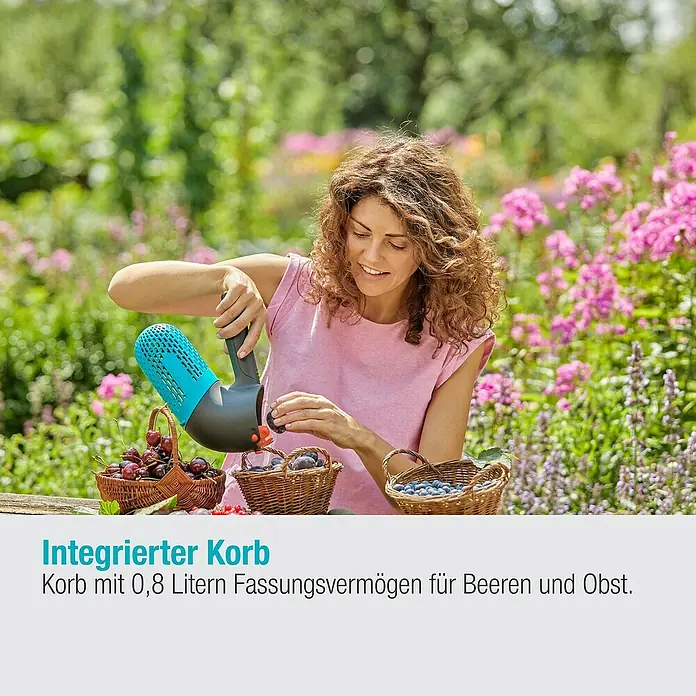 Gardena Combisystem Obstpflücker Beerensammler - 27,5 x 10,05 x 20,1 cm - Frau erntet Beeren und Obst mit einem Beerenpflücker mit integriertem Korb. Praktisches Gartengerät für eine einfache Ernte.