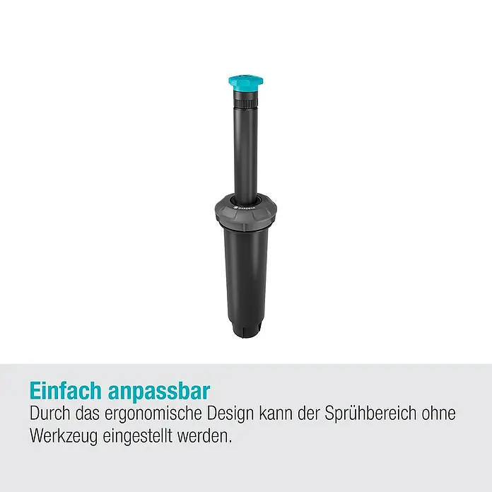 Gardena Sprinklersystem Turbinenversenkregner Pop-up SD30 - Max. Regnerfläche: 30 m², Rasenbewässerung - Das Bild zeigt einen Gardena Versenkregner, der sich durch sein ergonomisches Design einfach anpassen lässt.