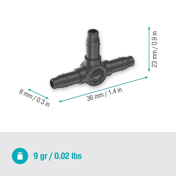 Gardena Micro-Drip T-Stück - 3/16" x 4,6 mm, 10 Stk. - Abbildung eines T-förmigen Schlauchverbinders aus Kunststoff mit Größenangaben und Gewichtsangabe im unteren Bereich.