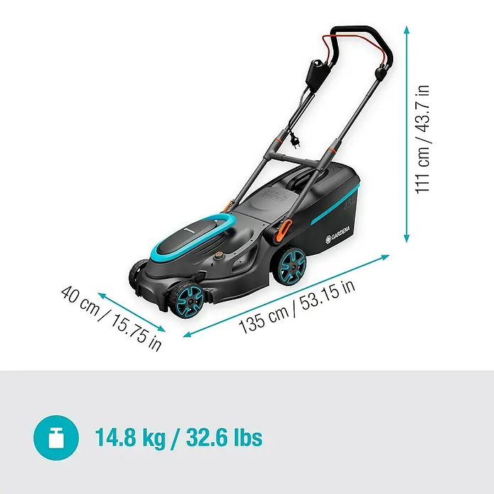 Gardena Elektro-Rasenmäher PowerMax 1800/37 G2 - 1.800 W, Schnittbreite: 37 cm - Abbildung eines Gardena Rasenmähers mit den Maßen 40cm x 135cm x 111cm und einem Gewicht von 14,8kg.