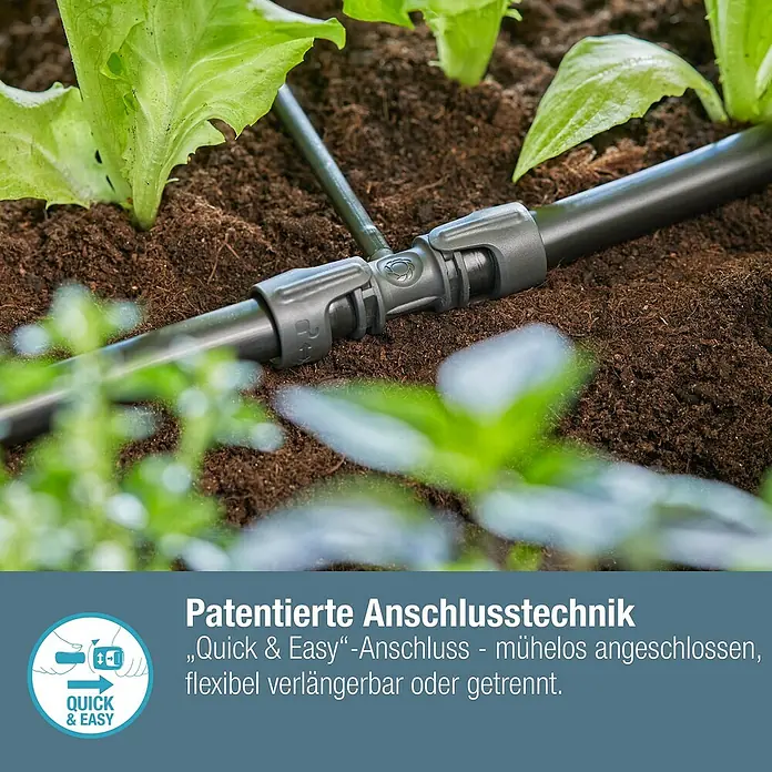Gardena Micro-Drip Verbinder - 3/16" x 4,6 mm, 5 Stk. - Nahaufnahme einer patentierten Anschlusstechnik für Bewässerungssysteme im Garten.