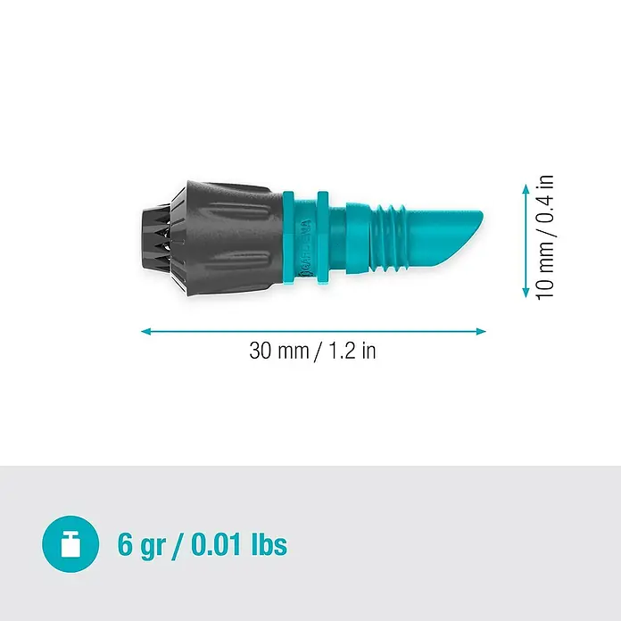 Gardena Micro-Drip Sprühdüse 360° - 5 Stk., 360 ° - Detailaufnahme eines Gardena Micro-Drip-System Endtropfers, der präzise Bewässerung ermöglicht.