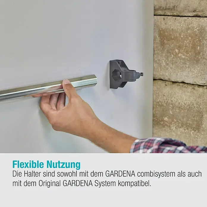 Gardena Halterung Plus - Traglast: 10 kg - Gardena Gerätehalterung mit einer Hand befestigt. Flexibel einsetzbar.