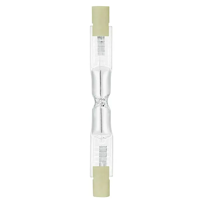 Osram Halogenstab Haloline ECO Superstar - 48 W, R7s, Warmweiß, Länge: 74,9 mm - Abbildung einer klaren Halogenlampe mit gelben Enden, die sich durch ihre Form und ihr helles Licht auszeichnet.