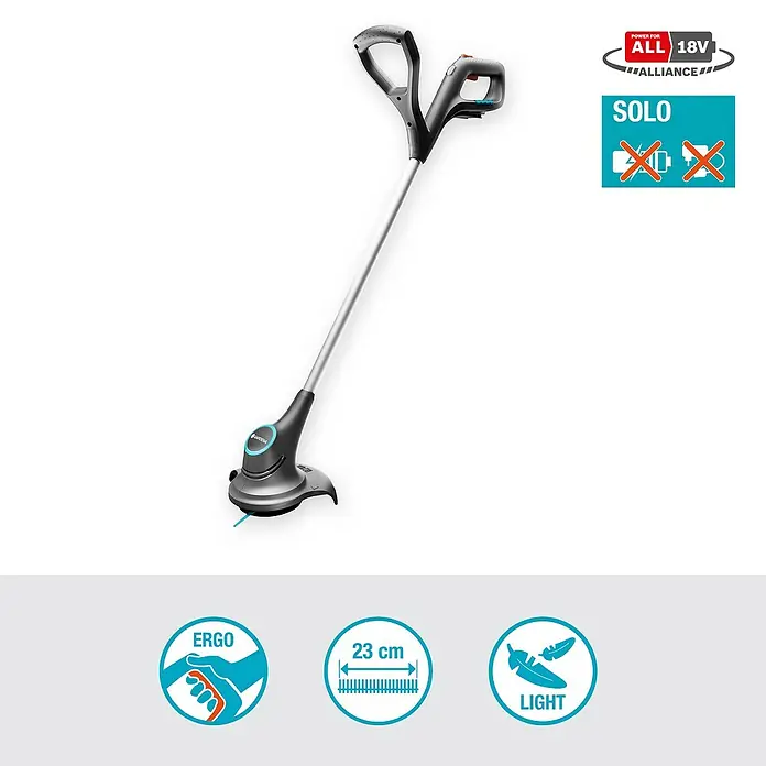 Gardena Power for All 18V Akku-Rasentrimmer - 18 V, 2 Ah, Li-Ionen, Ohne Akku, Schnittbreite Messer: 23 cm - Abbildung eines Gardena Akku-Trimmers, der für präzise Rasenkanten und schwer zugängliche Bereiche im Garten konzipiert ist.