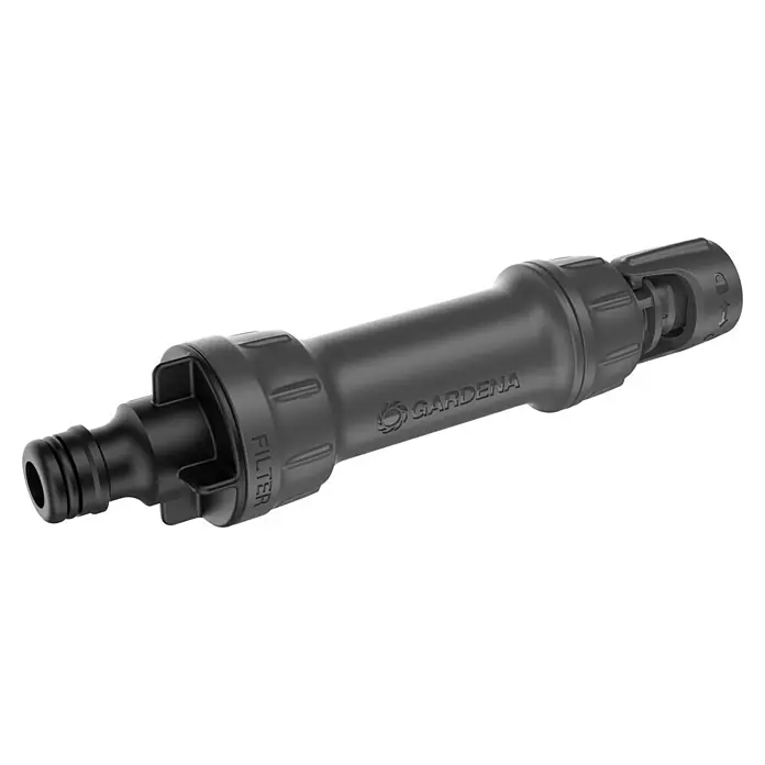 Gardena Micro-Drip Hahnanschlussstück - 1/2" x 13 mm - Abgebildet ist ein GARDENA Wasserfilter, der das Bewässerungssystem vor Verunreinigungen schützt und für sauberes Wasser im Garten sorgt.
