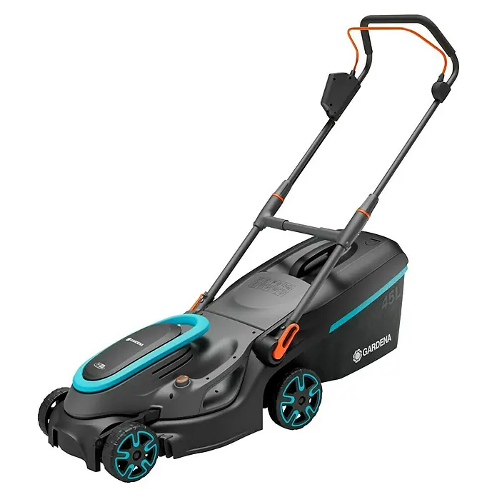 Gardena Power for All 18V Akku-Rasenmäher PowerMax 37/36V - 18 V, Ohne Akku, Schnittbreite: 37 cm - Das Bild zeigt einen Gardena Akku-Rasenmäher mit einem schwarzen Gehäuse und blauen Akzenten.