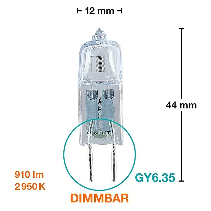 Osram Halogenstiftsockel Halostar Standard - 50 W, GY6,35, Klar, Warmweiß, 1 Stk. - Produktbild einer Halogenlampe GY6.35, dimmbar, mit den Maßen 12 mm Breite und 44 mm Höhe, 910 Lumen, 2950 K Farbtemperatur.