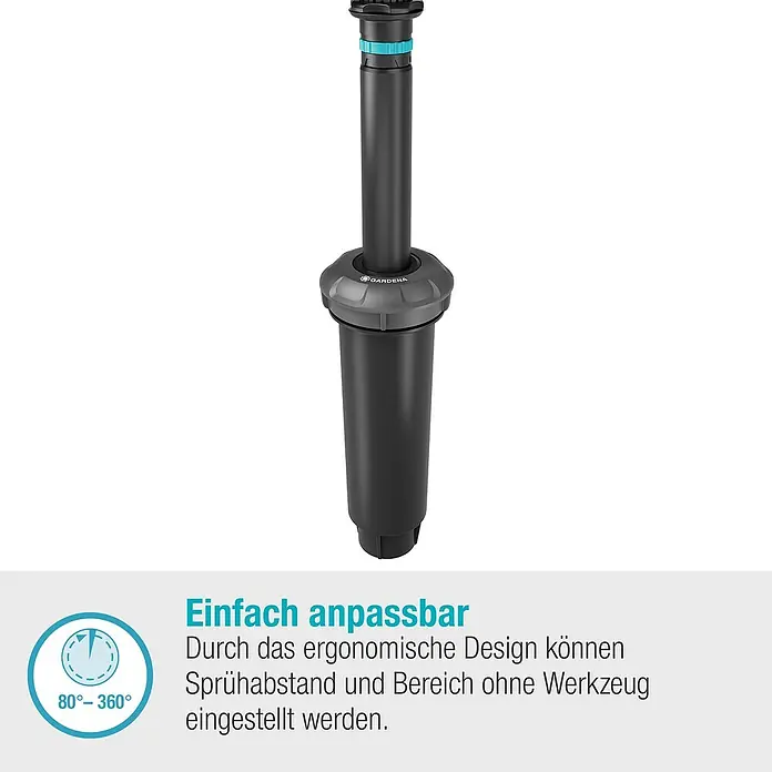 Gardena Sprinklersystem Turbinenversenkregner MD180 - Max. Regnerfläche: 180 m², Rasenbewässerung - Ein GARDENA Versenkregner Vario, der durch sein ergonomisches Design Sprühabstand und Bereich ohne Werkzeug einstellbar macht.