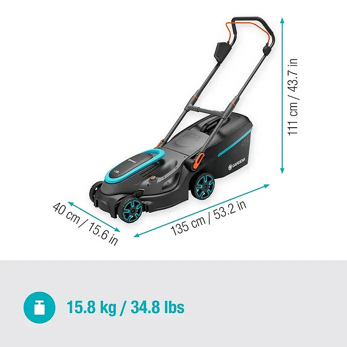 Gardena Power for All 18V Akku-Rasenmäher PowerMax 37/36V - 18 V, 2 Akkus, 4 Ah, Schnittbreite: 37 cm - Abbildung eines Gardena Akku-Rasenmähers mit Größenangaben und Gewichtsangabe.
