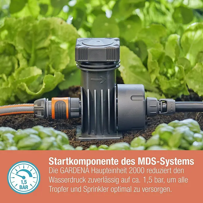 Gardena Micro-Drip Basisgerät 2000 - 1 Stk., Max. Wasserdurchfluss: 2.000 l/h - GARDENA Haupteinheit 2000, die den Wasserdruck auf 1,5 bar reduziert, für eine optimale Versorgung von Tropfern und Sprinklern.
