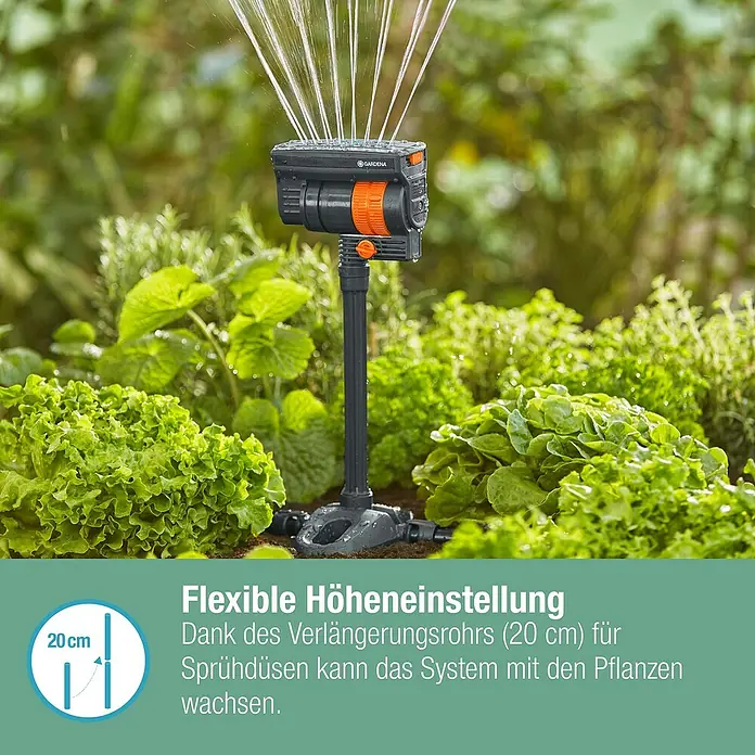 Gardena Micro-Drip Viereckregner OS 90 - Max. Regnerfläche: 90 m², Schwarz/Orange - Der Gardena Vielflächenregner AquaZoom Compact bewässert flexible Gartenflächen und kann dank Verlängerungsrohr mit den Pflanzen mitwachsen.