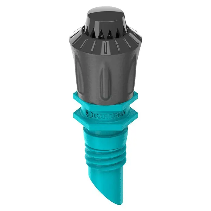 Gardena Micro-Drip Sprühdüse 360° - 5 Stk., 360 ° - Nahaufnahme eines Gardena Urlaubsbewässerungssystems, bestehend aus einem grauen Oberteil und einem türkisfarbenen Unterteil.