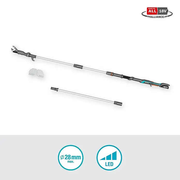 Gardena Power for All 18V Baumschere HighCut - 18 V, 1 Akku, Max. Aststärke: 28 mm, Länge: 360 cm - Gardena Akku-Hochentaster mit Teleskopstiel und LED-Anzeige für präzise Schnitte in großer Höhe, flexibel einsetzbar im Garten.