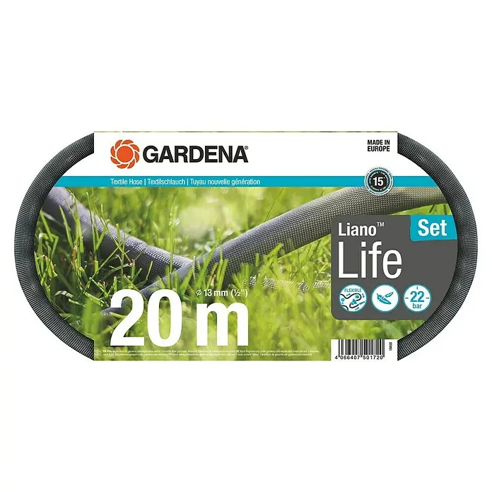 Gardena Gartenschlauch Liano Life Set - 20 m, Schlauchdurchmesser: 13 mm - Abbildung einer Gardena Liano Life Textil-Schlauchgarnitur, 20 Meter lang, flexibel und druckbeständig bis 22 bar, ideal für die Gartenbewässerung.