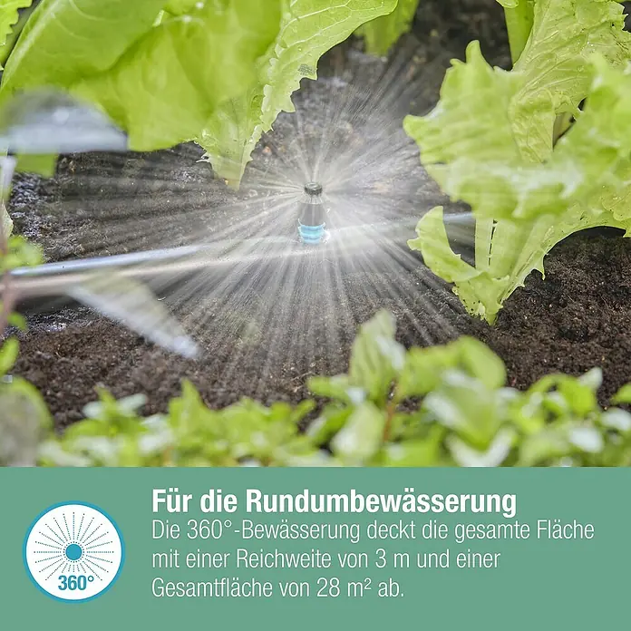 Gardena Micro-Drip Sprühdüse 360° - 5 Stk., 360 ° - Das Bild zeigt eine 360°-Bewässerungsanlage, die eine gleichmäßige Bewässerung der gesamten Fläche gewährleistet.