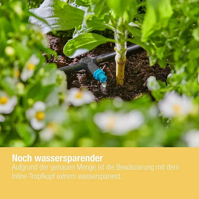 Gardena Micro-Drip Reihentropfer - 10 Stk., Max. Wasserdurchfluss: 2 l/h - Inline-Tropfkopf in Aktion. Präzise Bewässerung für wassersparende Effizienz im Garten.
