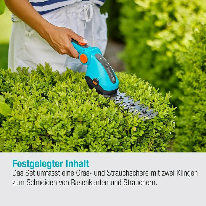 Gardena ComfortCut Akku-Gras- & Strauchschere Li - 3,6 V, Li-Ionen, 1 Akku, Schwertbreite: 8 cm - Nahaufnahme einer GARDENA Akku-Gras- und Strauchschere im Einsatz, ideal zum Trimmen von Rasenkanten und Sträuchern.