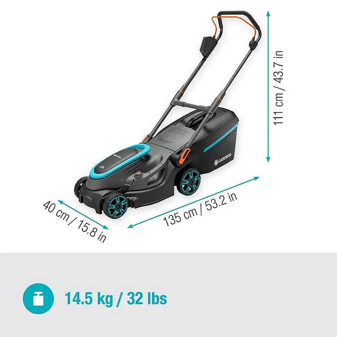 Gardena Power for All 18V Akku-Rasenmäher PowerMax 37/36V - 18 V, Ohne Akku, Schnittbreite: 37 cm - Bild einer Gardena-Rasenmähers mit Maßangaben und Gewicht für einen umfassenden Produktüberblick.