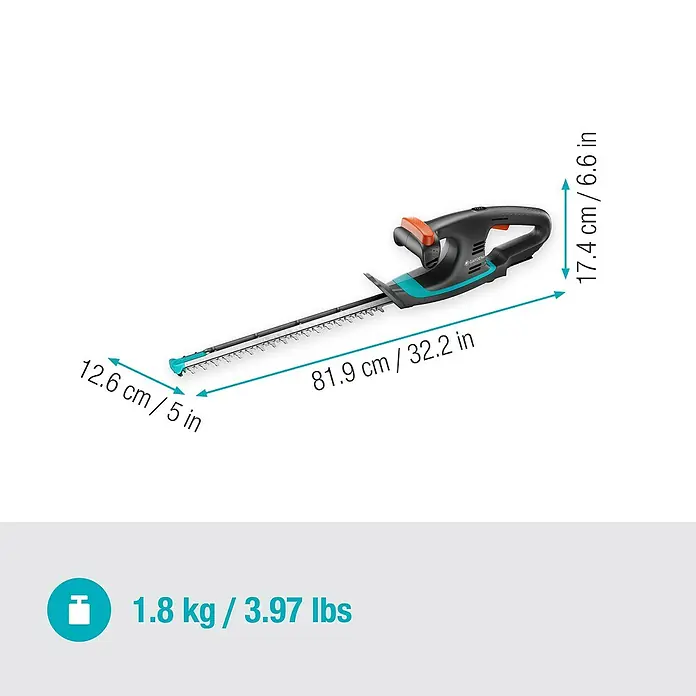 Gardena Power for All 18V Akku-Heckenschere EasyCut - 18 V, Li-Ionen, Ohne Akku - Abbildung einer GARDENA Akku-Heckenschere mit Größenangaben und Gewicht, ideal für den präzisen und kabellosen Heckenschnitt.