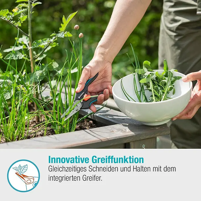 Gardena Schere GripCut - Länge: 15,6 cm - Innovative Kräuterschere von Gardena beim Kräuterschneiden. Gleichzeitig schneiden und halten mit dem integrierten Greifer.