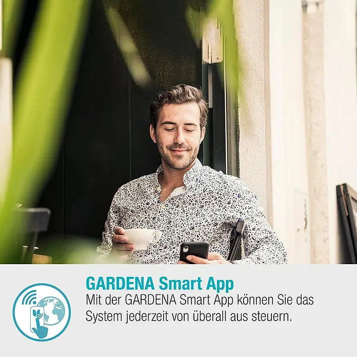 Gardena Smart system Bewässerungssteuerung - Batteriebetrieben, 3 -tlg., Passend für: Alle Gardena smart system Erweiterungen - Mann mit GARDENA Smart App steuert sein System.