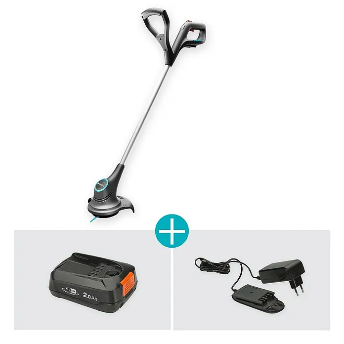 Gardena Power for All 18V Akku-Rasentrimmer - 18 V, 2 Ah, Li-Ionen, 1 Akku, Schnittbreite Messer: 23 cm - Akkubetriebener Rasentrimmer mit Akku und Ladegerät. Das Gerät ist ideal für die Rasenpflege und das Trimmen von Rasenkanten.
