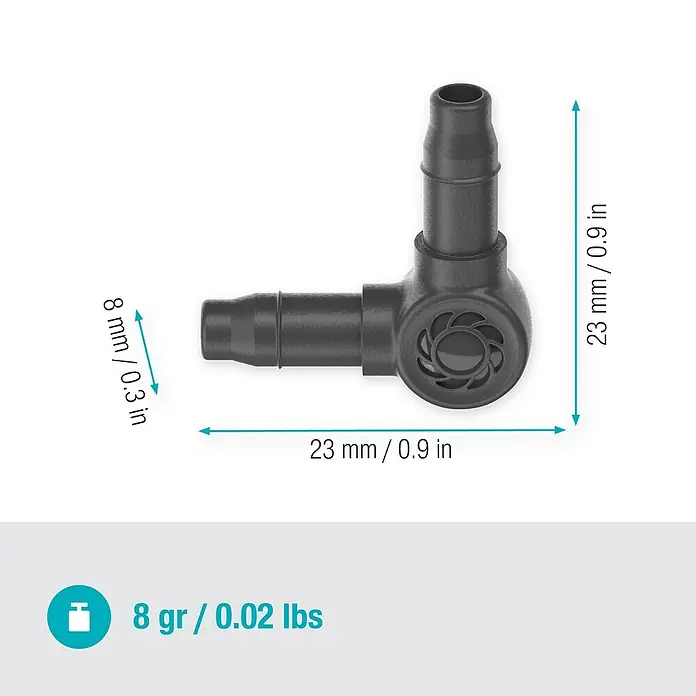 Gardena Micro-Drip L-Stück - Durchmesser Anschluss: 4,6 mm, 10 Stk., Kunststoff - Abbildung eines schwarzen 90-Grad-Winkelstücks mit Größenangaben und Gewichtsangabe.